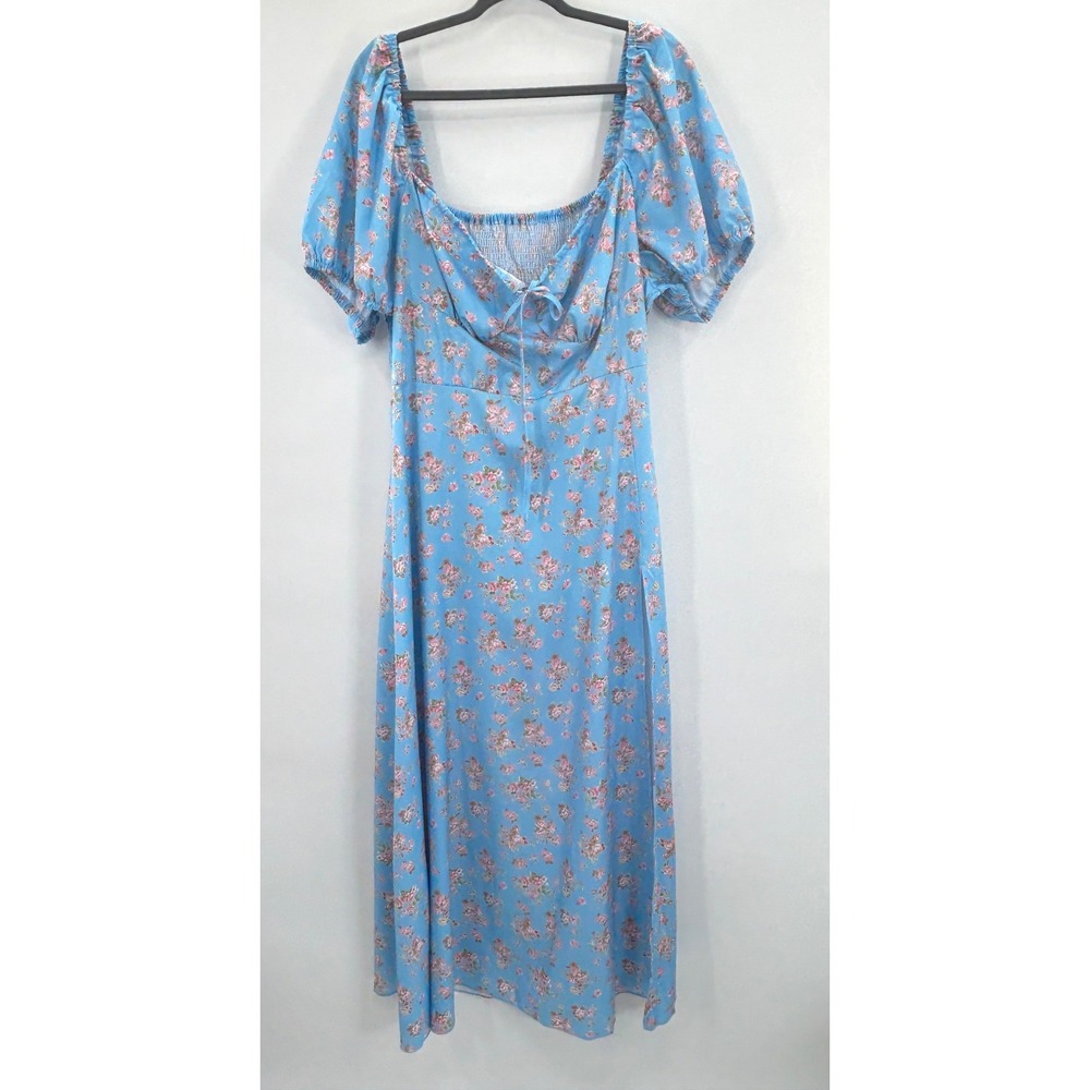 SHEIN Curve Blue Floral Milkmaid Maxi Dress 4XL Plus Size Smocked Puff Sleeve - Picture 2 of 11
